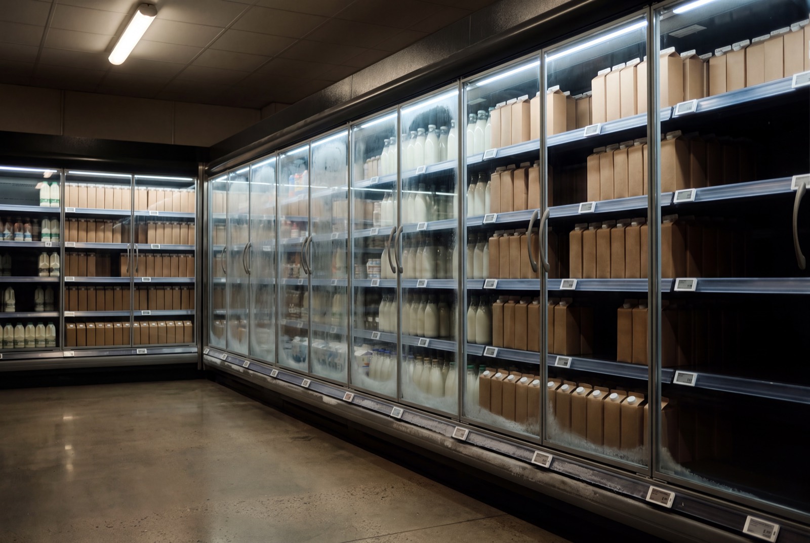 Electronic shelf labels mounted along a chilled display bay.