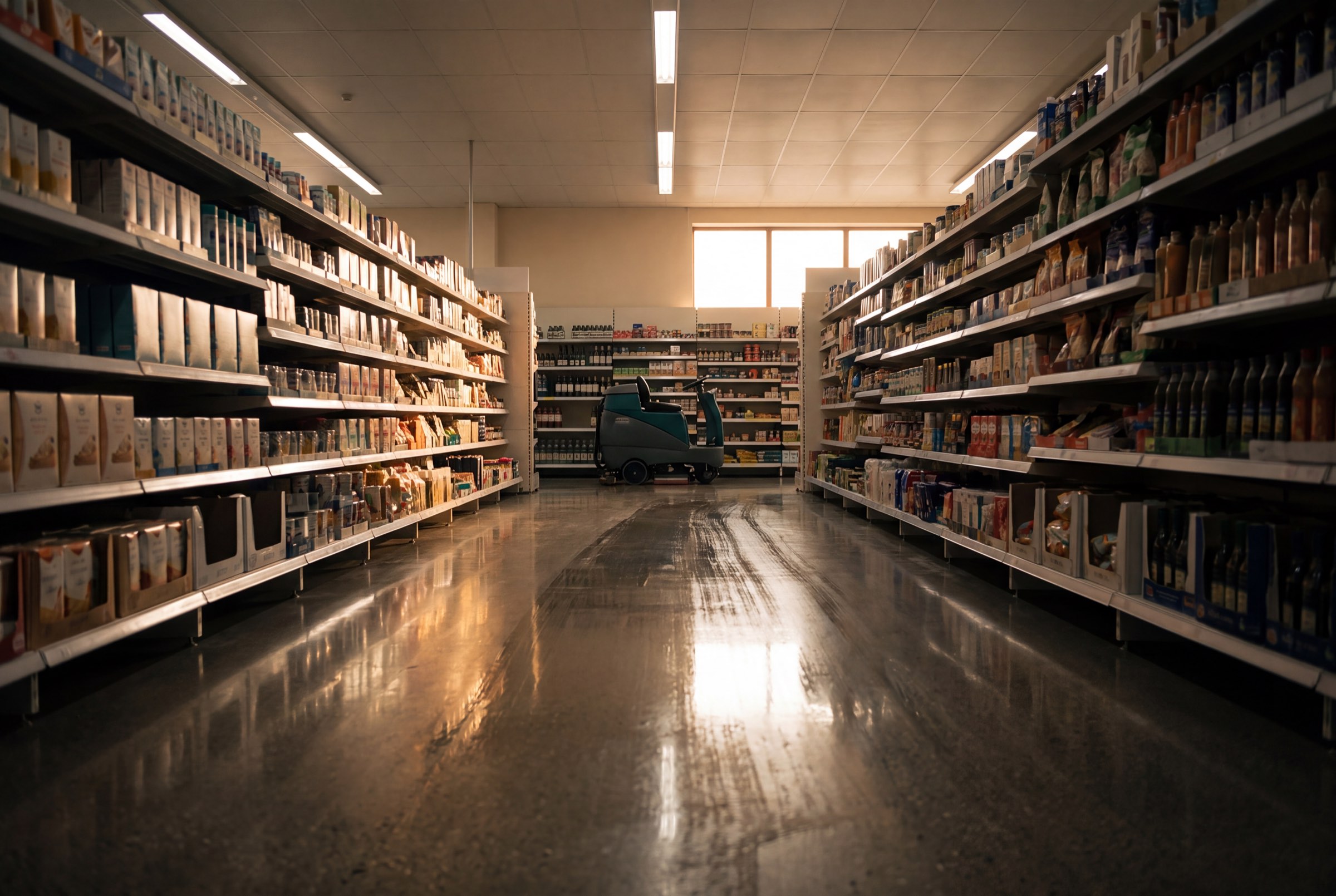 Retail floor freshly cleaned after hours, shelves restocked ahead of opening.