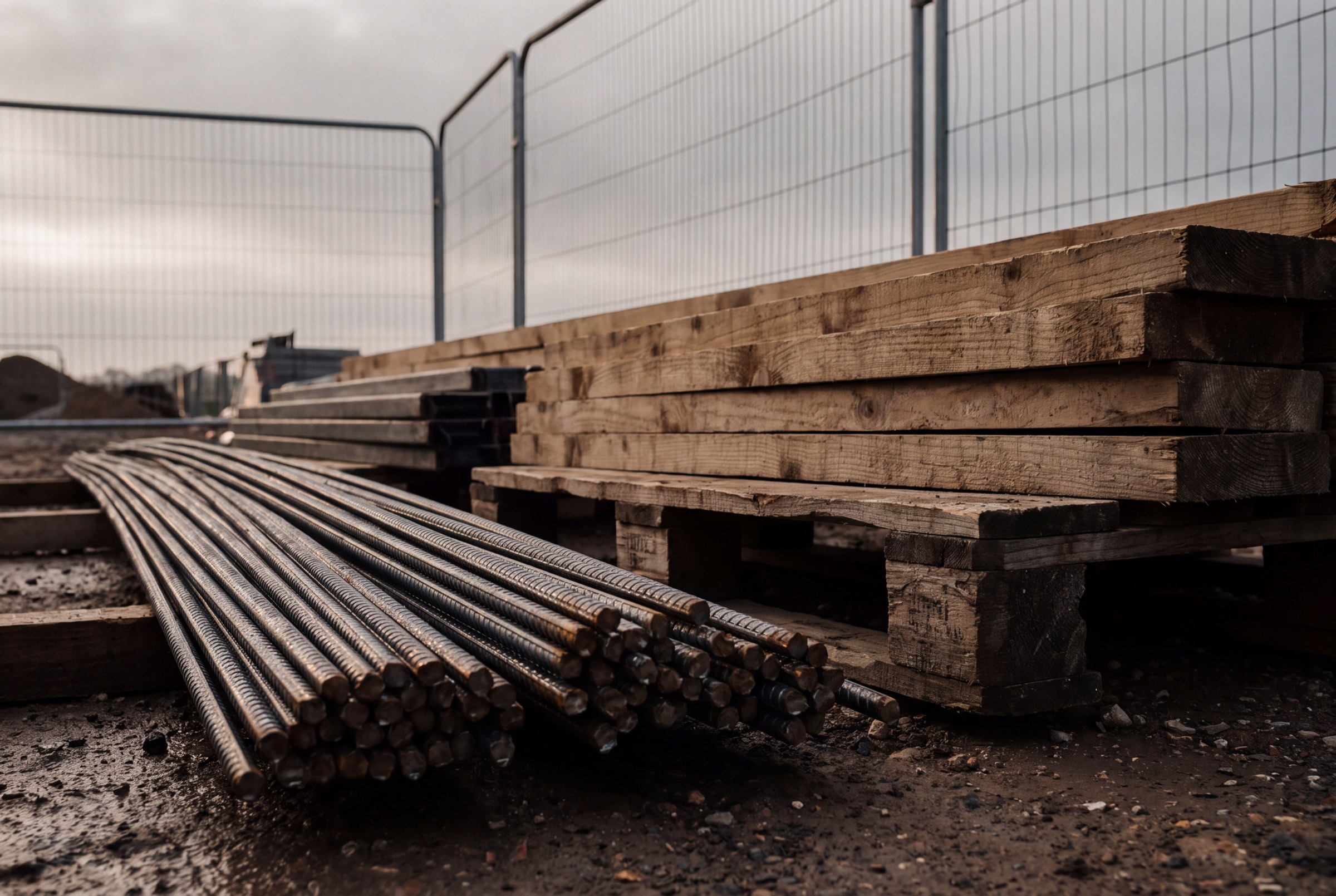 Prepared construction site yard at dawn with stacked timber, steel bar and site fencing.