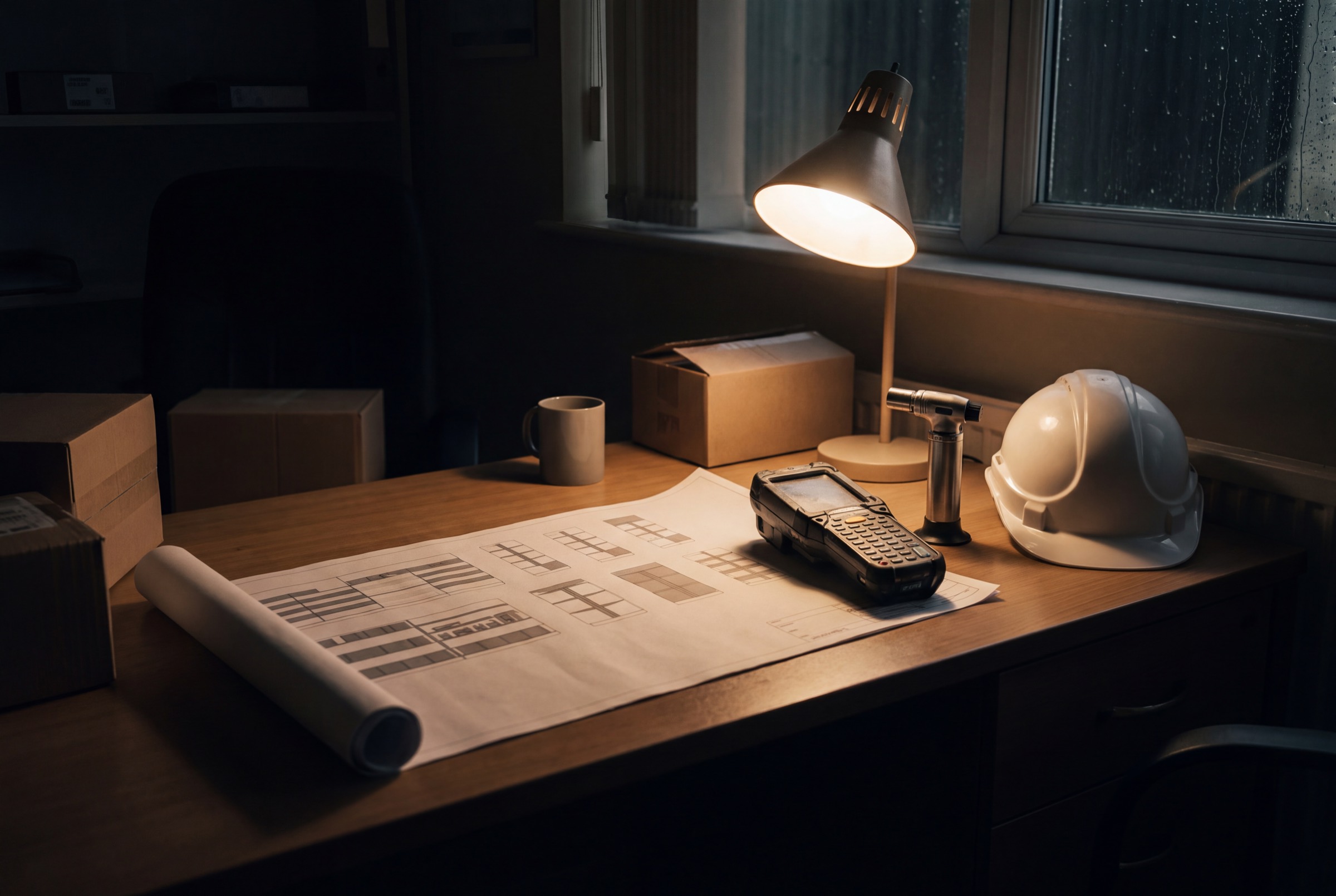 Site desk with plans and a phone, ready to take an enquiry.