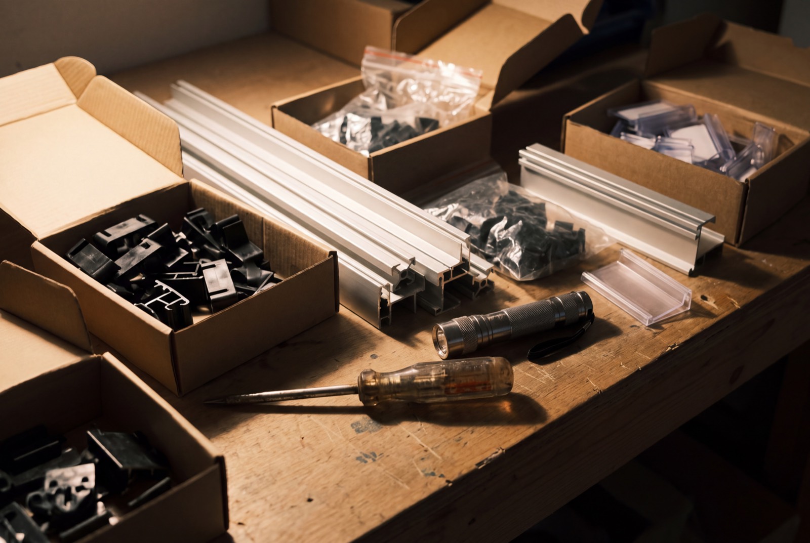 Close-up of shelf fixture clips and fittings staged for installation.