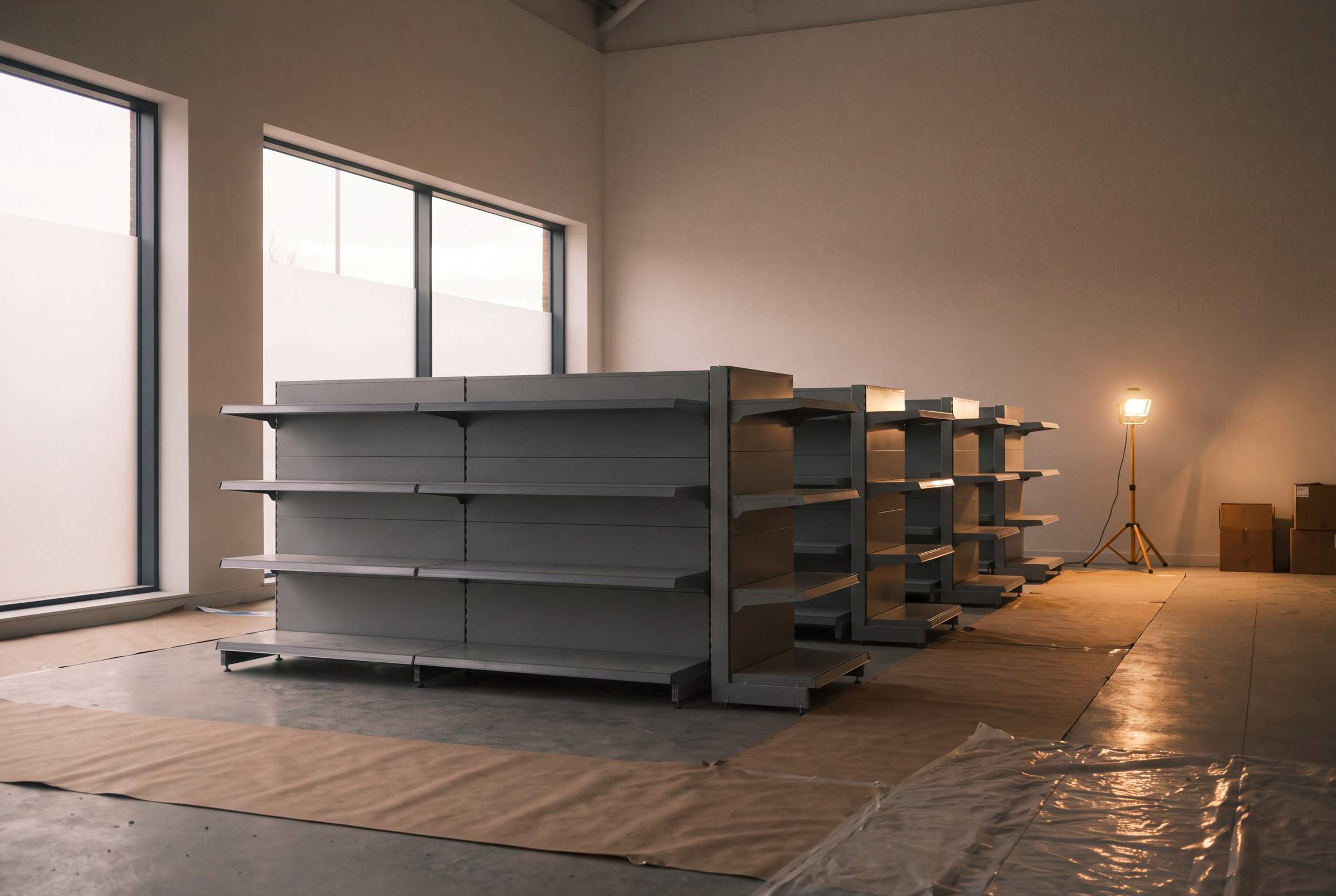 Empty retail unit mid fit-out at dawn, with new gondola shelving assembled and materials staged for installation.