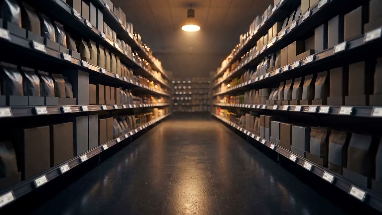Supermarket aisle at night with electronic shelf labels fitted along the shelf edge.
