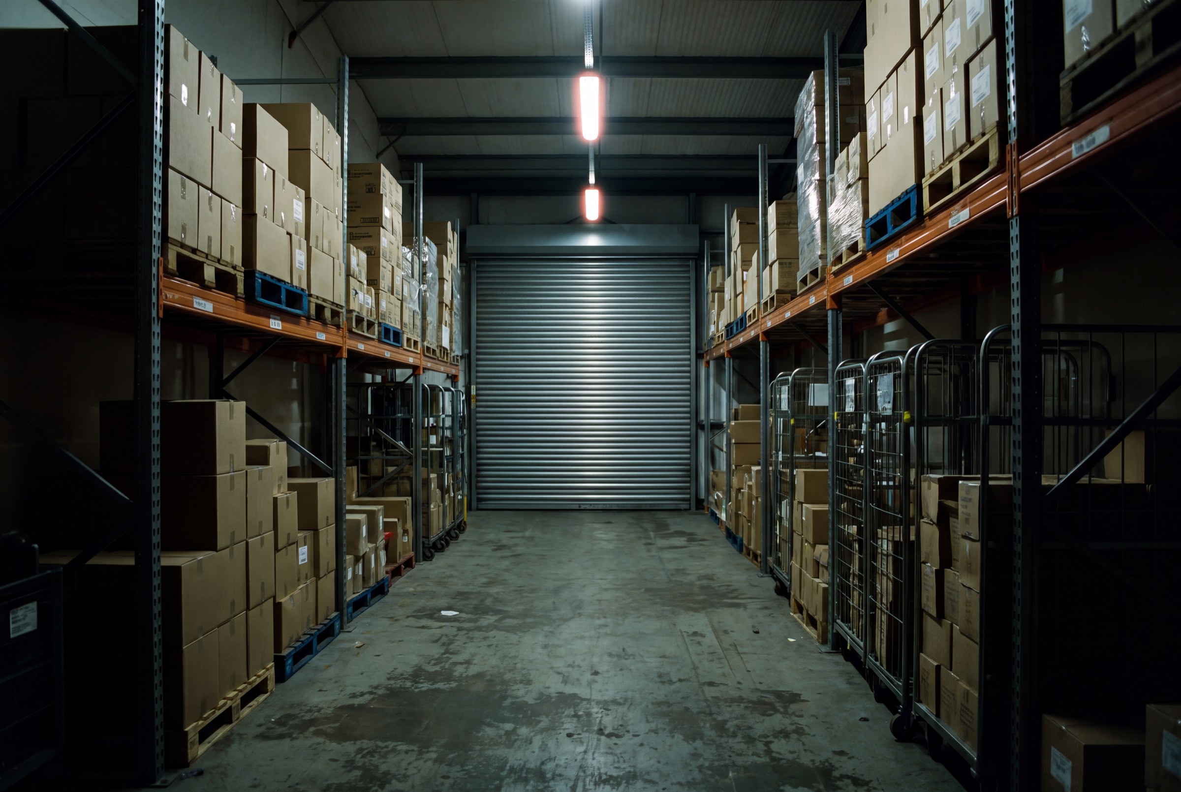 Back-of-house stockroom with pallets staged for the shop floor.