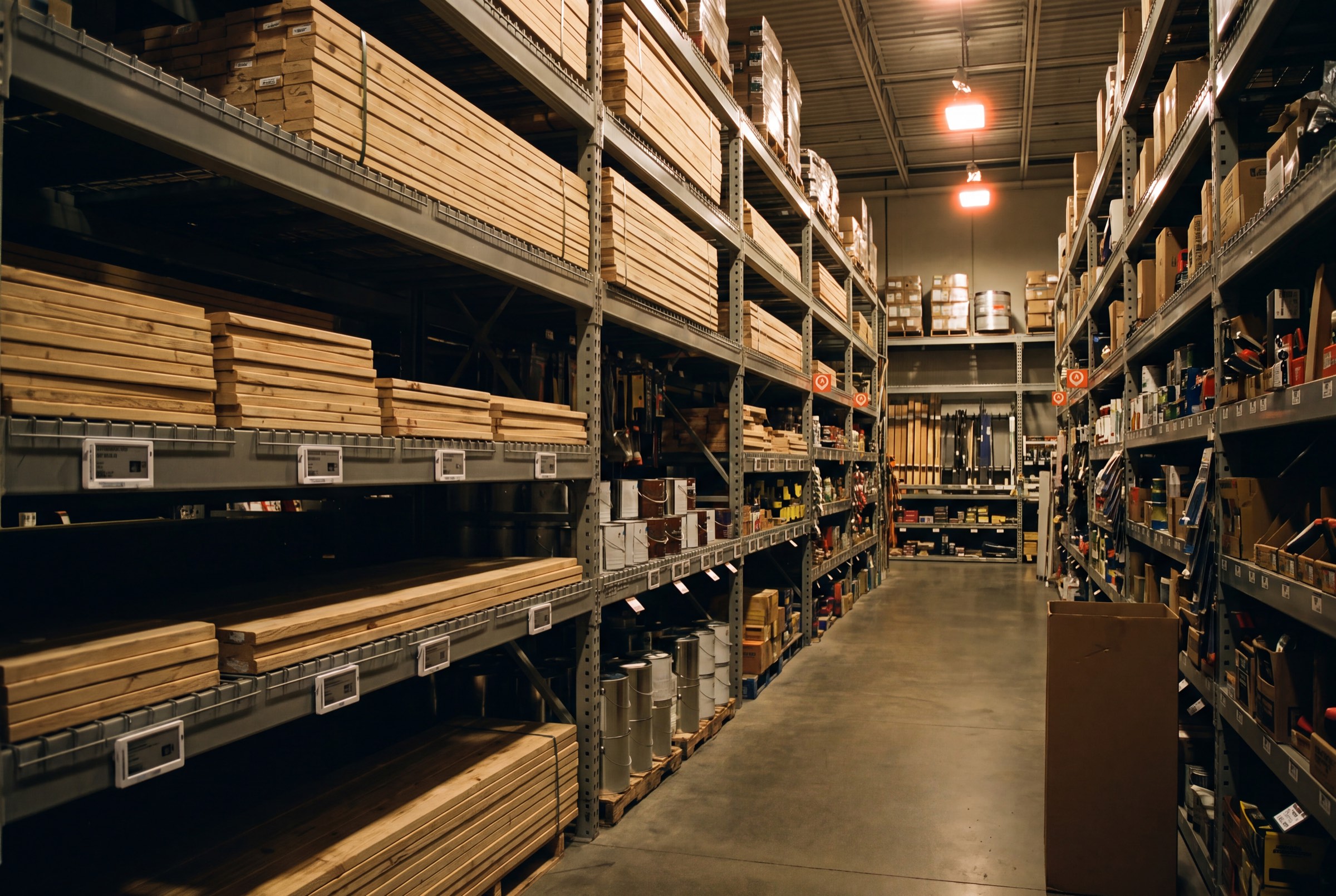 DIY and electrical retail bays with stocked shelving.