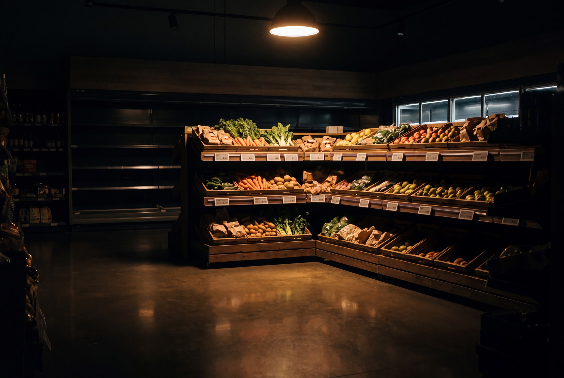Grocery aisle with shelf-edge fixtures ready for a retail crew.