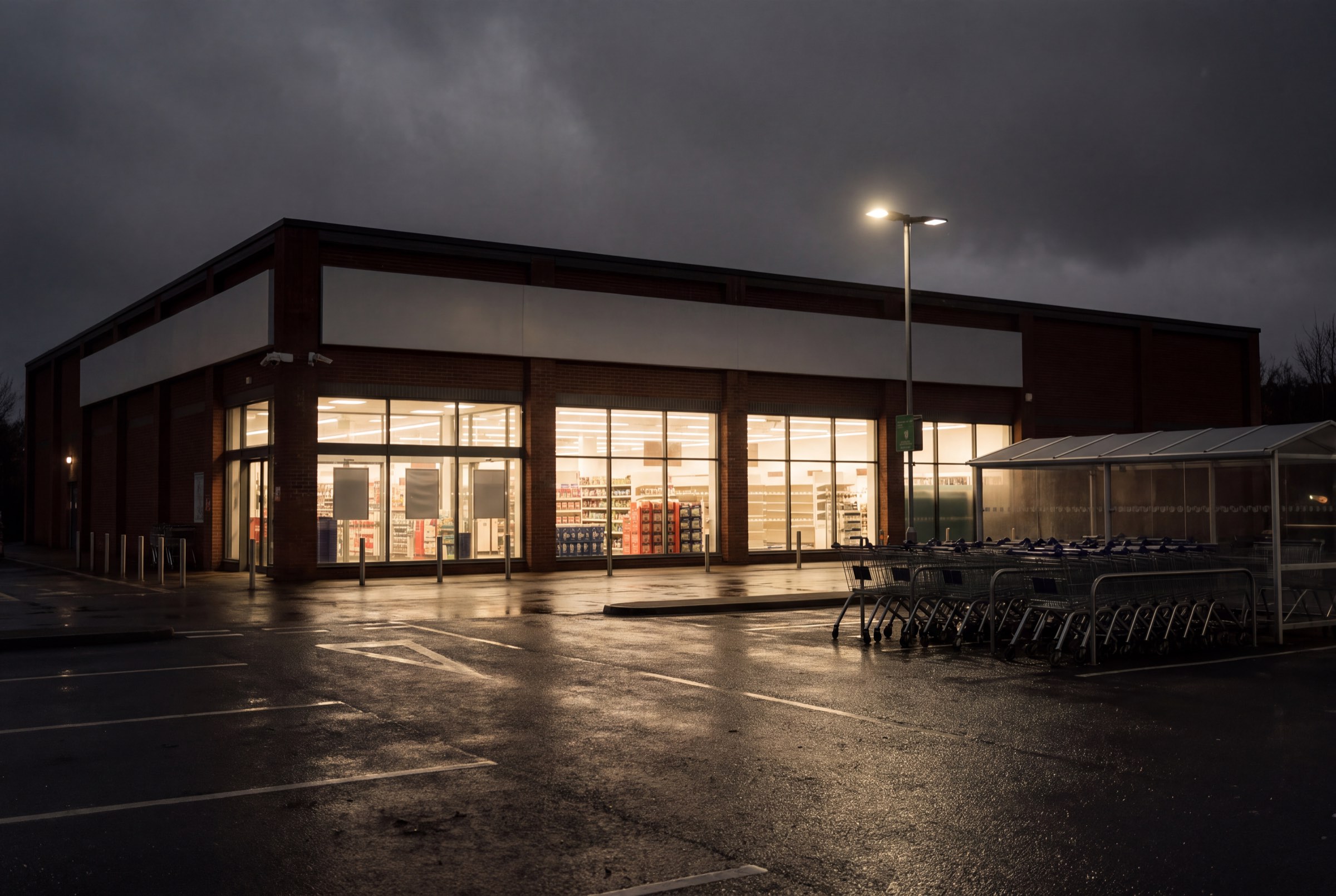 Retail store exterior at night, lit and trading-ready.